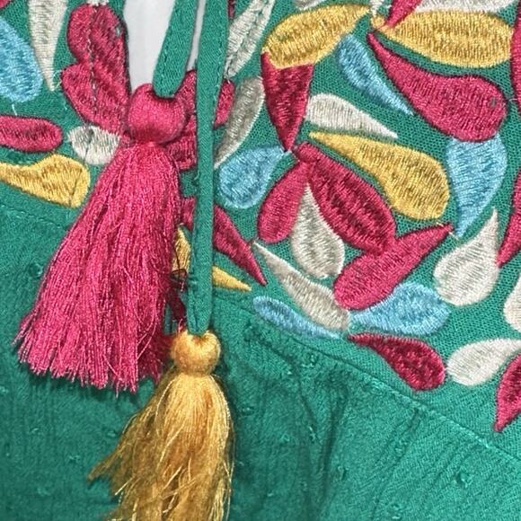 THML Green Embroidered Short Sleeve Bohemian Peasant Top Shirt M 0630 - Picture 3 of 7